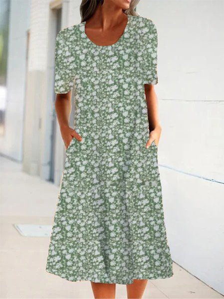 

Vintage Vacanza Bohemian Floreale Maniche Corte Vacanza Girocollo Abito, Verde, Dresses