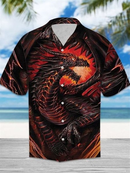 

Mythical Dragon Hawaiian Shirt Summer Button Up Shirt For Men, Black-red, Men's Floral shirt