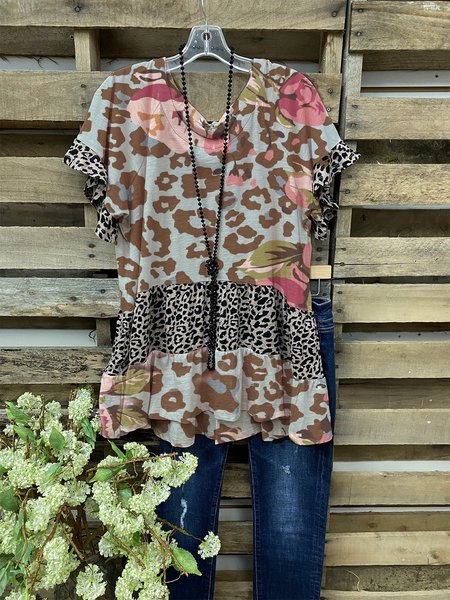 

Short Sleeve Casual Leopard T-shirt, Green, Auto-Clearance