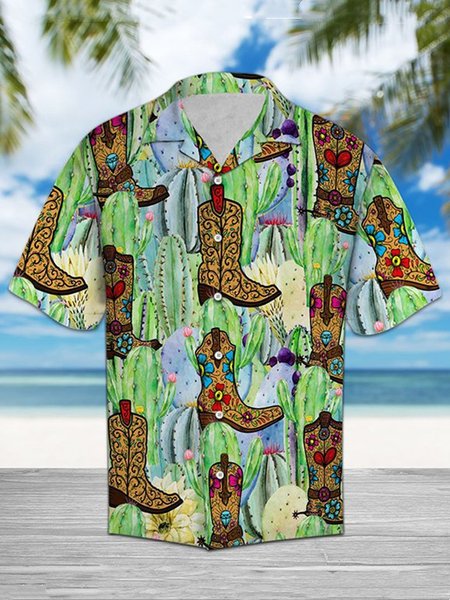 

Cactus Boots Print Shawl Neck Vintage Shirts, Green, Men's Floral shirt
