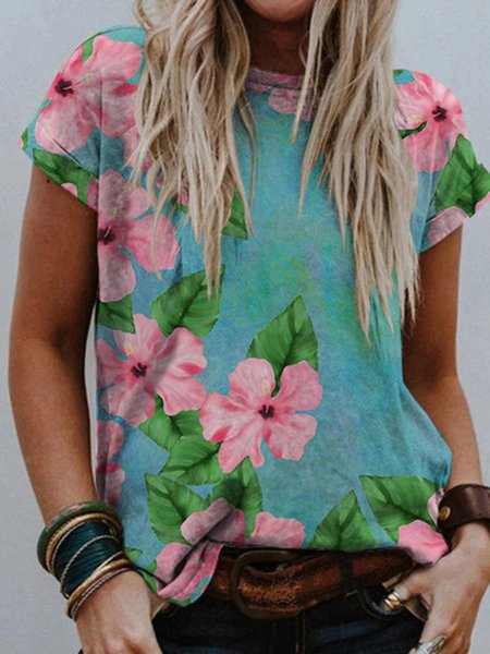 

Pink Hibiscus Tropical Floral Print Tee, As picture, T-shirts