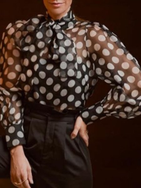 a pois Maniche Lunghe Superiore, Nero, Blouses & Shirts