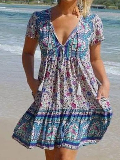 

V Neck Cotton-Blend Short Sleeve Floral Dresses, Blue, Dresses