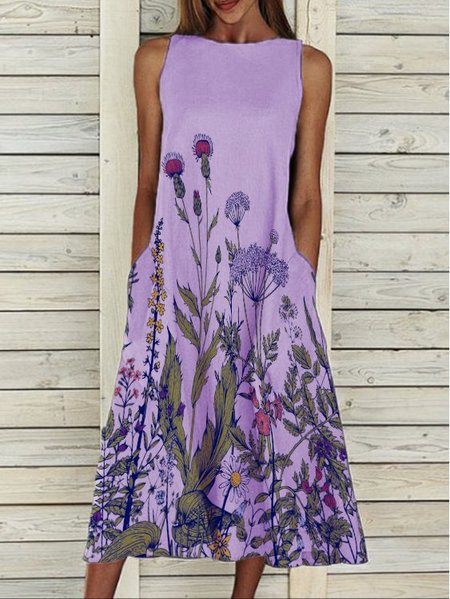 

Floral Crew Neck Casual Printed Dresses, Purple, Midi Dresses