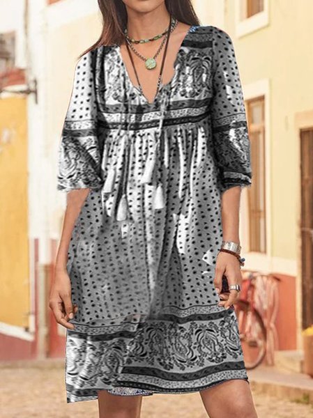 

New Women Chic Plus Size Vintage Holiday Boho V Neck Half Sleeve Dresses, Black, Dresses
