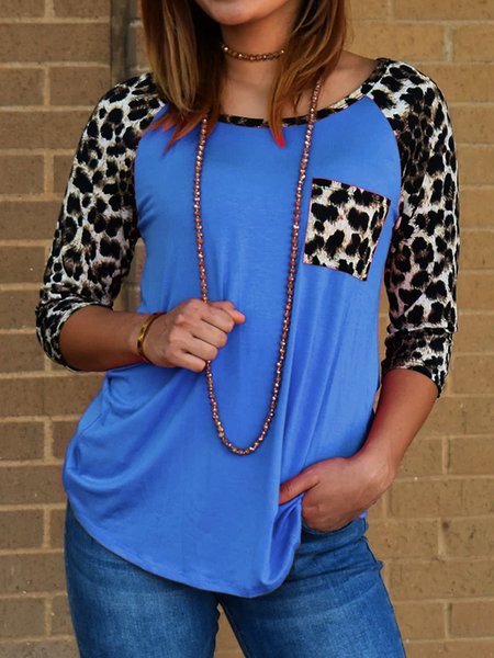 

Vintage Leopard 3/4 Sleeve Printed T-shirt, Blue, T-Shirts