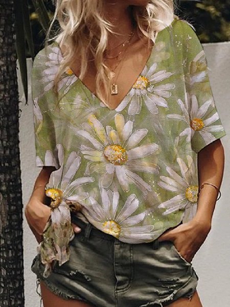 

V Neck Floral T-shirt, As picture, T-Shirts