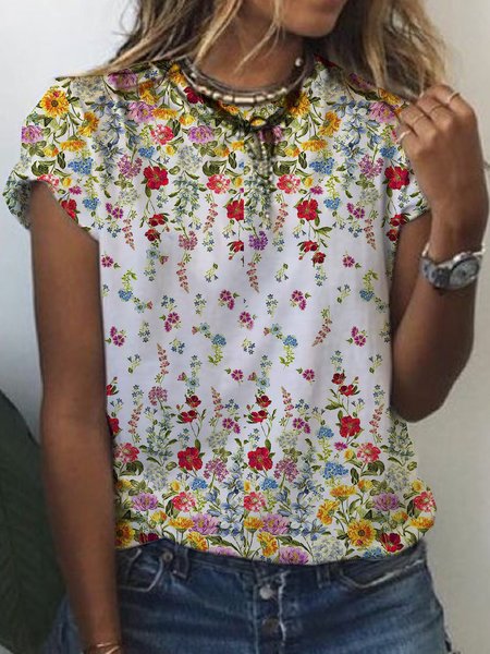 

Floral Short Sleeve Printed Cotton-blend Crew Neck Casual Summer White Top, T-Shirts
