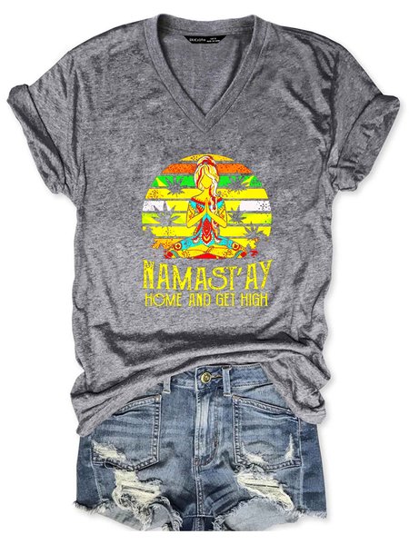 

Get High Yoga Meditation Marijuana Leaf Smoking Hippie Vintage V-neck T-shirt, Gray, T-shirts