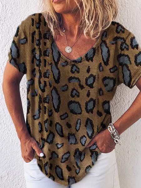 

V Neck Short Sleeve Leopard-Print T-shirt, Khaki, T-Shirts