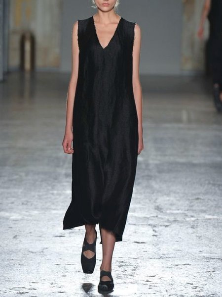 

Solido Vintage Scollo a V senza maniche Abito, Nero, Midi Dresses