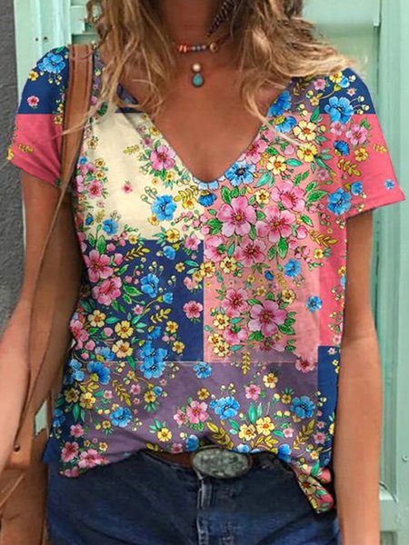 

Casual V Neck Short Sleeve T-shirt, Multicolor, T-Shirts