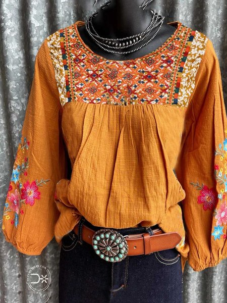 

Vintage Floral Long Sleeve Tops, Orange, Tops