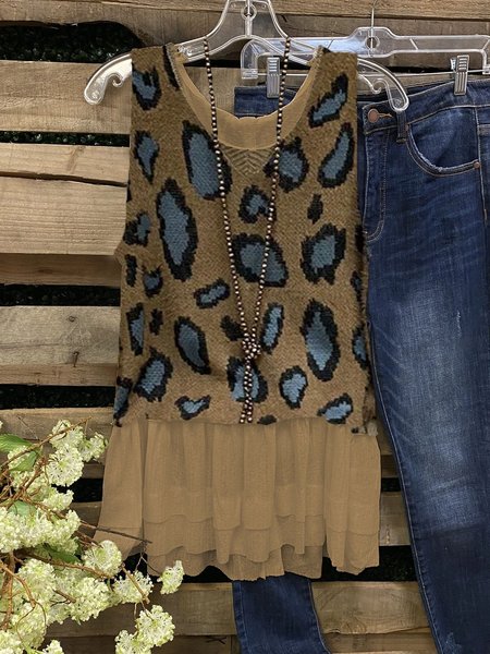 

Sleeveless Leopard Cotton Shirts & Tops, Deep khaki, Tops
