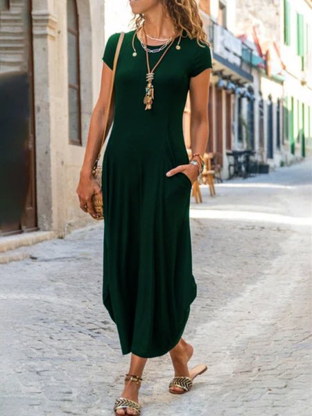 

Tinta Unita Misto Cotone Gonna Casuale, Verde scuro, Maxi Dresses