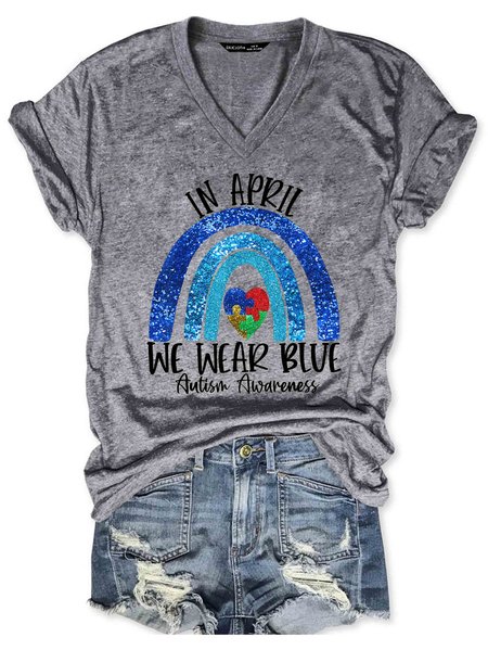 

In April We Wear Blue V-neck T-shirt, Gray, T-shirts