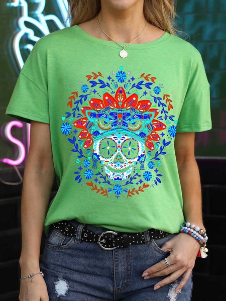 

Printed women's round neck T-shirt, Grass green, T-shirts