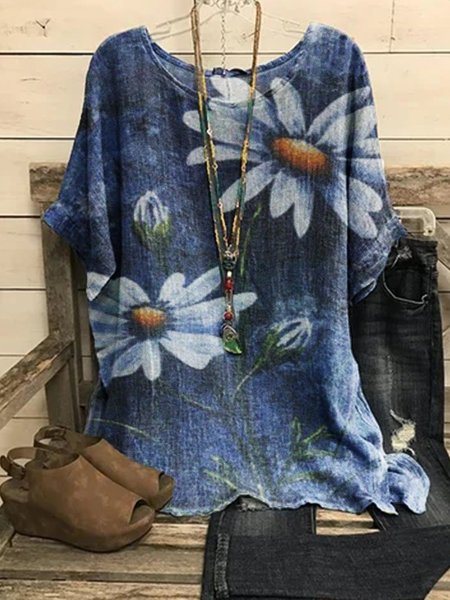 

Short Sleeve Crew Neck Floral Casual Shirts & Tops, Image color, Blouses & Shirts