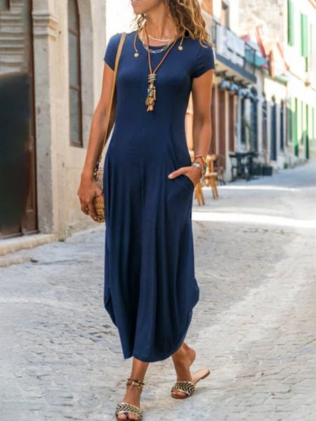 Maniche Corte Casuale Misto Cotone A-line Abito, Blu intenso, Dresses
