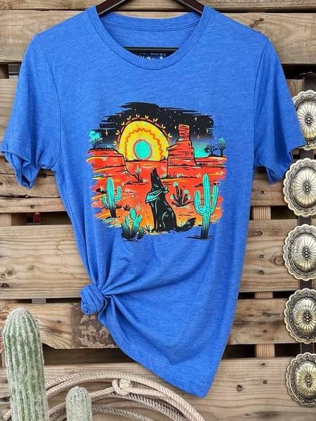 

O-Neck Casual Cotton-Blend Shirts & Tops, Blue, T-shirts