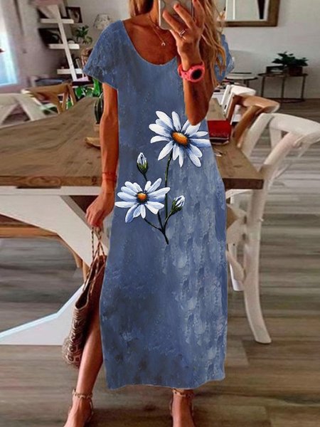 

Short Sleeve Holiday Scoop Neckline Floral Printed Knitting Dress, Blue, Floral Dresses