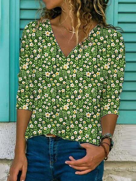 

Casual Floral-Print V neck Shirts & Tops, Green, Blouses & Shirts