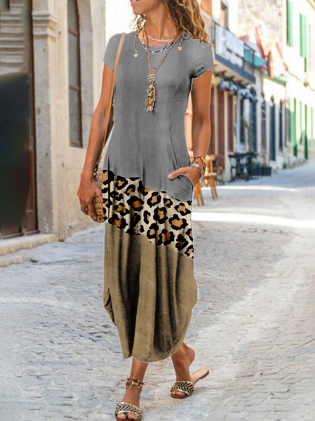 

A-Line Boho Leopard Crew Neck Dresses, Khaki, Dresses