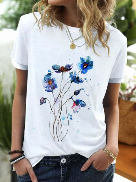 

Casuale Maniche Corte Stampato Floreale Camicie & Top, Bianco, T-Shirts