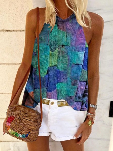 

Geometric Cotton Sleeveless Shirts & Tops, As picture, Tops
