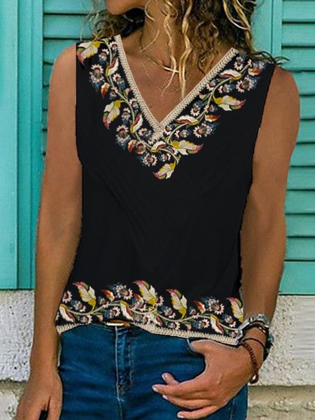 

Floreale senza maniche Stampato Misto Cotone Scollo a V Vintage Estate Nero Superiore, Tank Top