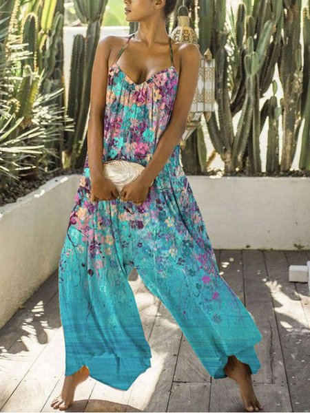 

Womens Casual V Neck Floral Print Halter Wide Leg Jumpsuits, Blue, Jumpsuits＆Rompers
