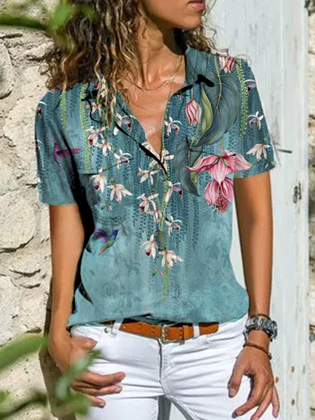 

Floreale Colletto a Camicia Vintage Maniche Corte Camicie & Top, Blu, Tops
