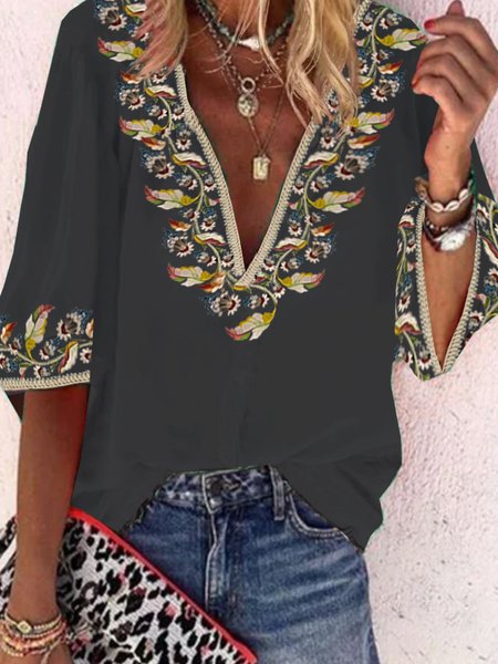 

Floreale Mezza Manica Stampato Poliestere Scollo a V Vintage Estate Nero Camicia, Blouses & Shirts