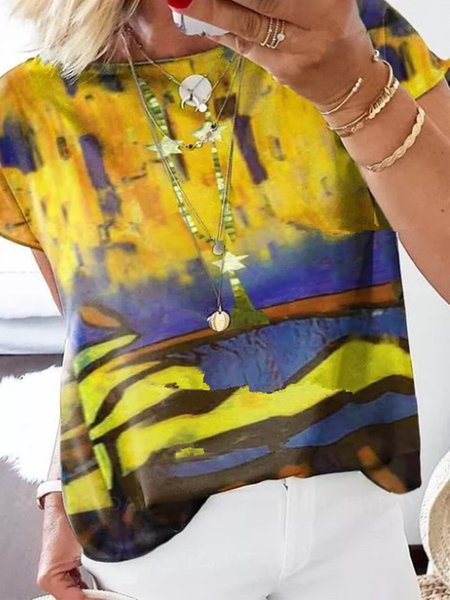 

Vintage Geometric Floral Printed Plus Size Short Sleeves Crew Neck Casual Tops, Yellow, Blouses & Shirts