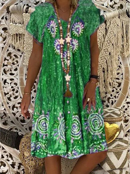 

Nuovo Donna Chic Vintage Bohemian hippie Vacanza Scollo a V Cotone Maniche Corte Abito, Verde, Dresses