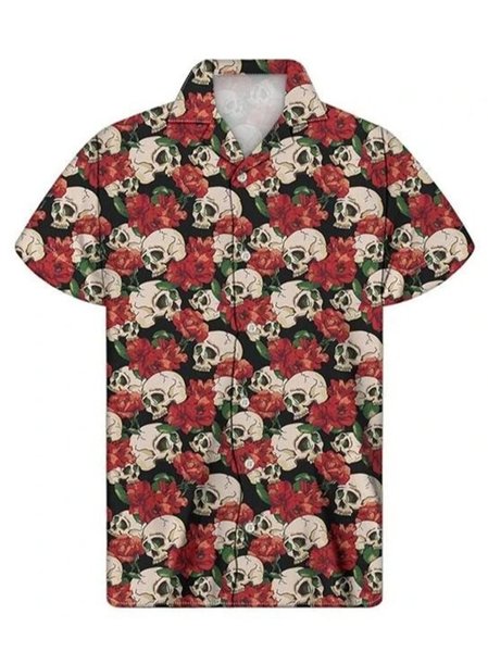 

Vintage Skull Casual Turn-Down Collar Hawaiian Shirts, Black, Men's Floral shirt