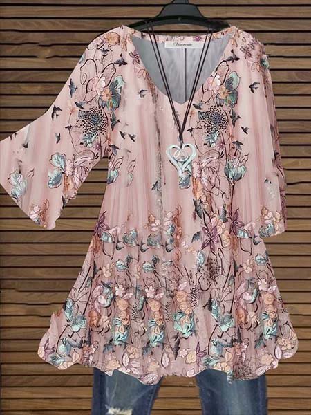 

Casuale Scollo a V Stampato Floreale Top Misto Cotone, Rosa, Tops