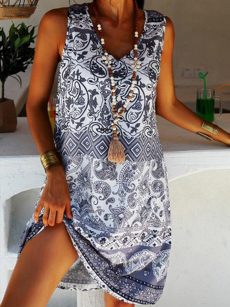 

Printed V neck Casual Sleeveless Dresses, Gray, Casual Dresses