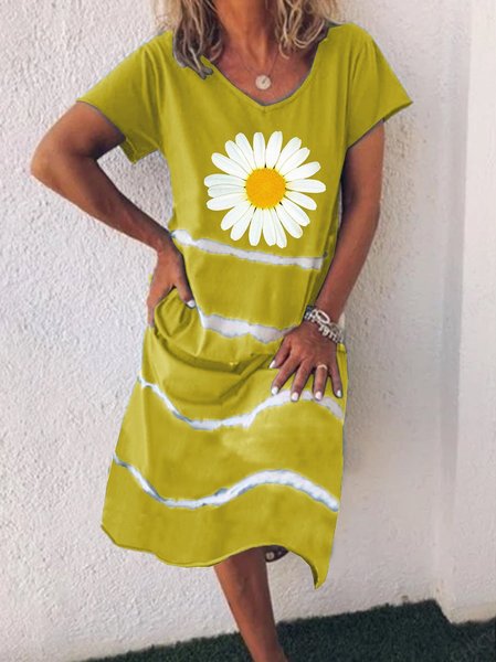 

Abito Scollo a V Casuale Floreale Maniche Corte, Giallo, Dresses