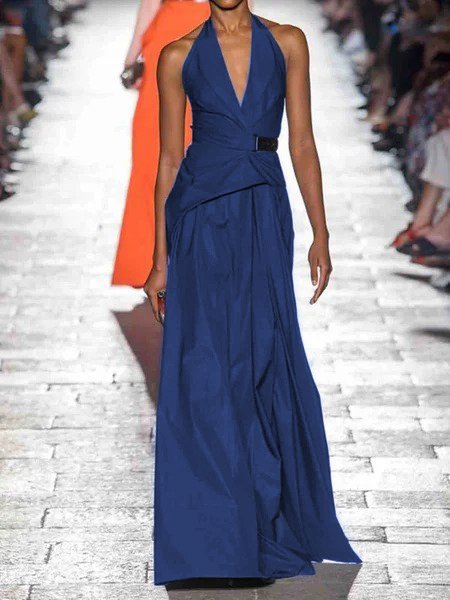 

Vintage Plain Plus Size Sleeveless V Neck Casual Weaving Dress, Blue, Dresses