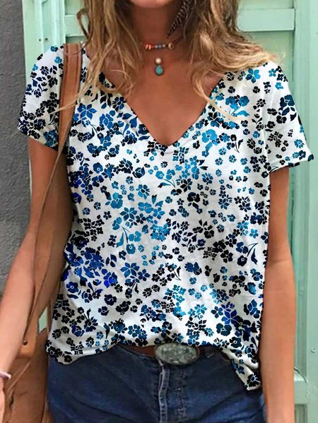 

Plant floral print V-neck T-shirt, Blue, T-shirts