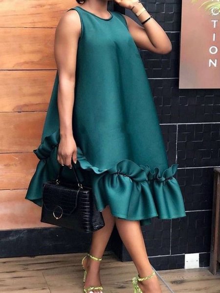 

Girocollo Vintage Tinta Unita Abito, Verde, Dresses