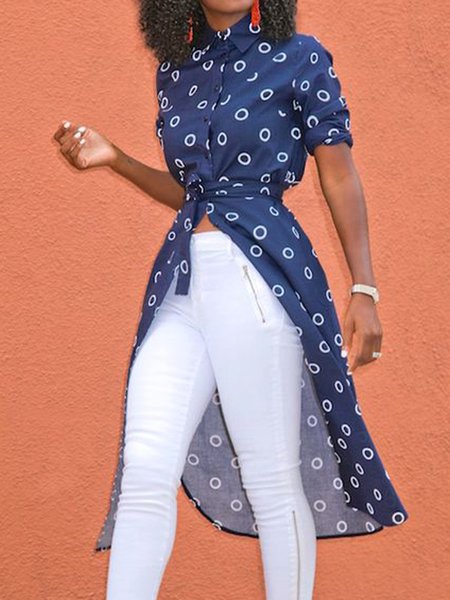 

Abito Stampato Casuale Colletto a Camicia a pois, Blu, Dresses