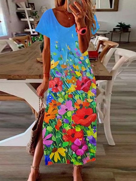 

Scoop Neckline Casual Short Sleeve Knitting Dress, Butterfly, Floral Dresses