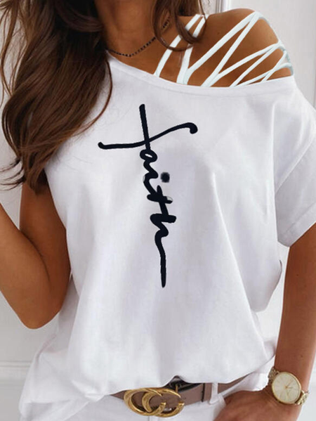 

Casuale Spalla Nuda Dritto Lettera T, Bianco, T-Shirts