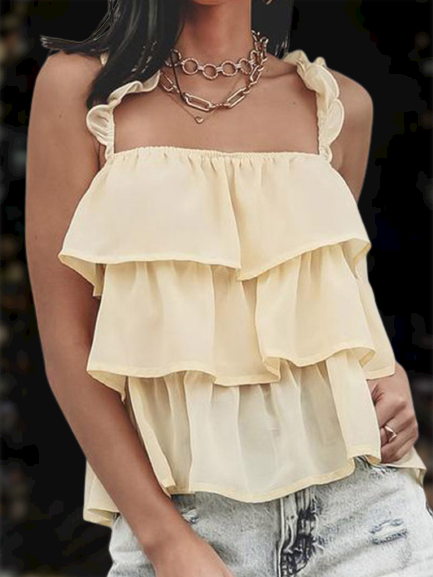 

Vintage Plain Ruffled Plus Size Sleeveless Casual Tops, Yellow, Tank Top