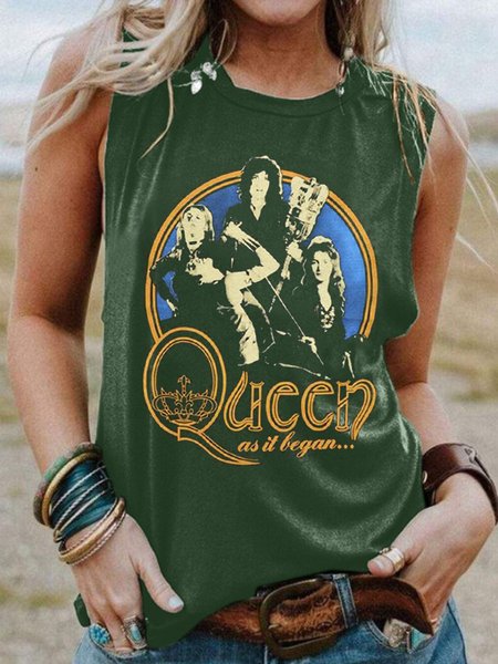 

Queen Band Cotton-Blend Sleeveless Crew Neck Woman's Shirts & Tops, Dark green, Tops