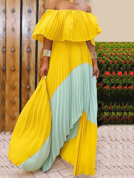

Off Shoulder Maxi Dresses Swing Date Color-Block Dress, Yellow, Maxi Dresses