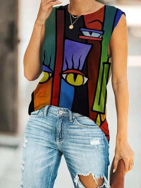 

Casual Crew Neck Sleeveless Abstract Faces Tanks & Camis, Yellow, Tanks & Camis