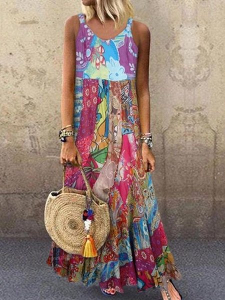 

Graphic Scoop Neckline Casual Weaving Dress, Multicolor, Floral Dresses
